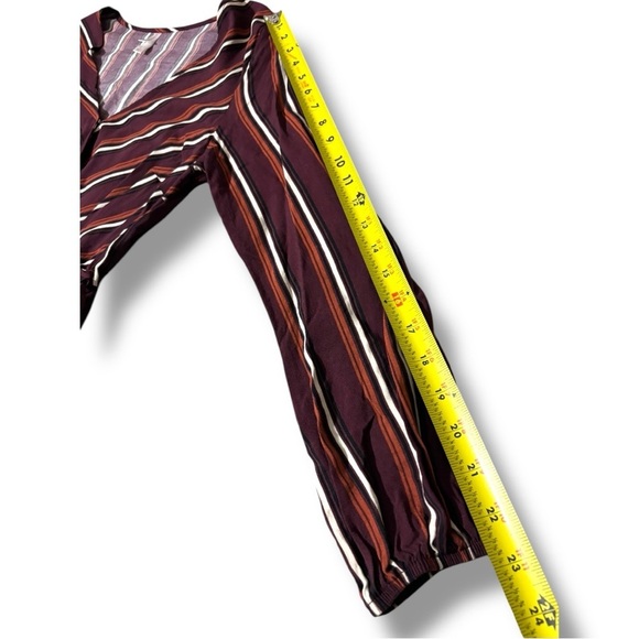 Exhilaration Maroon/Cream Striped Cinch Waist V-Neck Long Sleeve Faux Wrap Dress - Picture 15 of 16